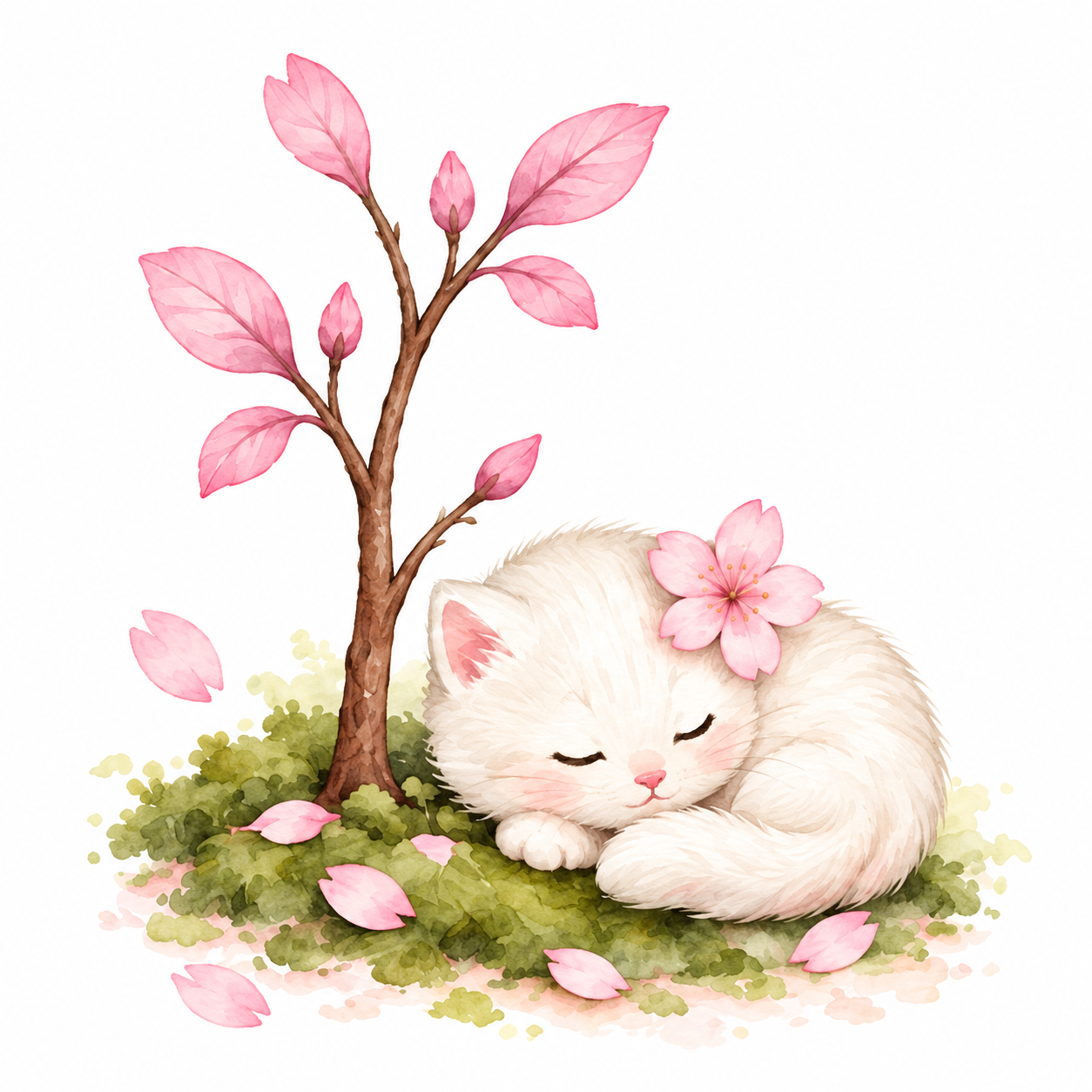 A sleeping kitten beside a pink sakura sapling